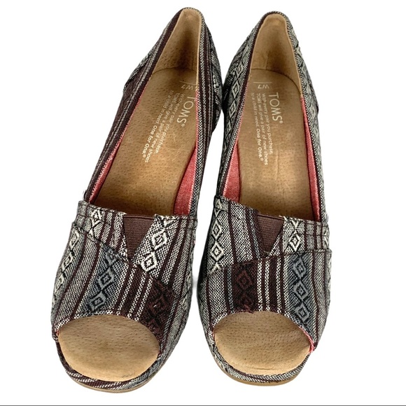 TOMS Calypso Tribal Aztec Boho Print Open Peep Toe Wedge Shoes Women's Size 7 - Picture 3 of 7